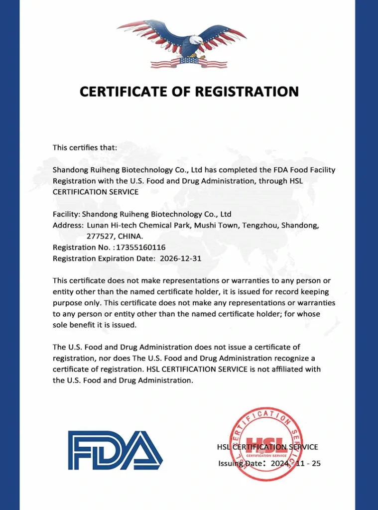 FDA Certificate for Ruiheng Food & Feed Additives